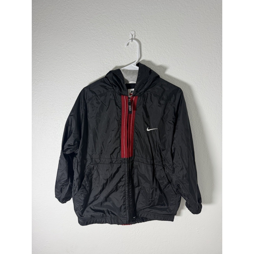 Nike‎ Vintage 90s Hooded Windbreaker Jacket Black Red Youth Large 14-16